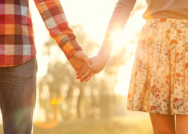 Pareja joven enamorada caminando en el parque de otoño tomados de la mano — Foto de Stock