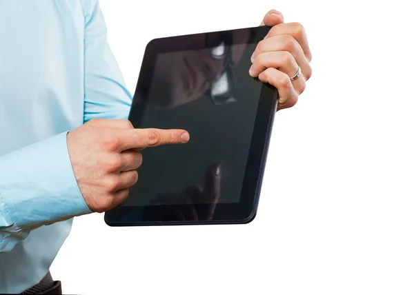 Zakenman toezicht op de aandelenmarkt grafieken op zijn Tablet PC — Stockfoto