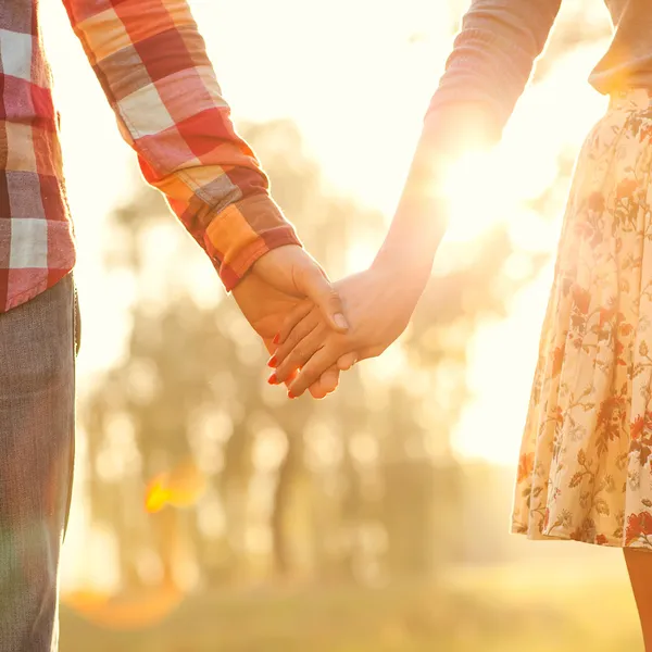 对年轻夫妇在爱在秋天公园牵手散步 图库图片