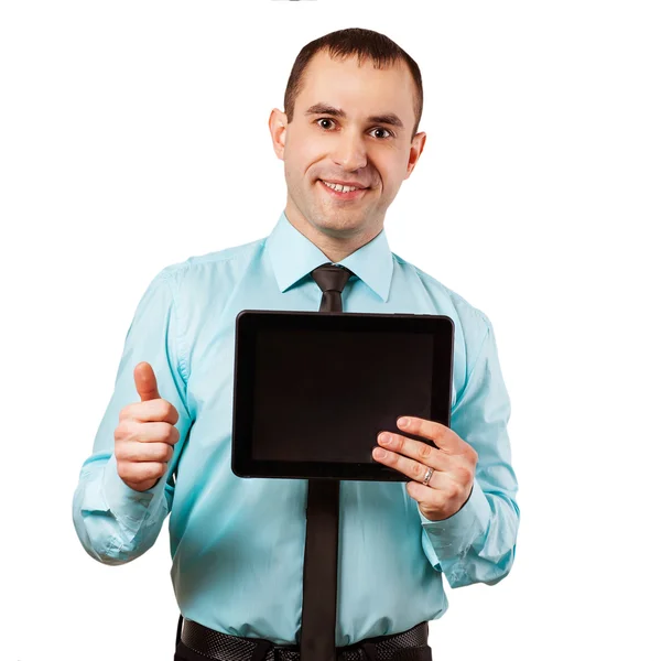 Hombre joven feliz usando la tableta digital aislada en el fondo blanco — Foto de Stock