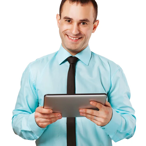 Hombre joven feliz usando la tableta digital aislada en el fondo blanco — Foto de Stock