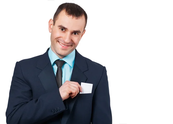 Part of body of business man who takes out business card from the pocket — Stock Photo, Image