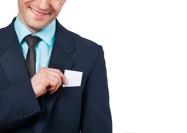 ビジネス カードをポケットから取り出してビジネスの男の体の部分 — ストック写真