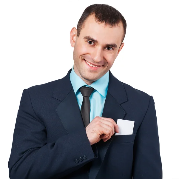 Part of body of business man who takes out business card from the pocket — Stock Photo, Image