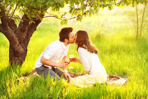 Coppia innamorata baciare in natura stanno tenendo bicchieri di vino Foto Stock Royalty Free