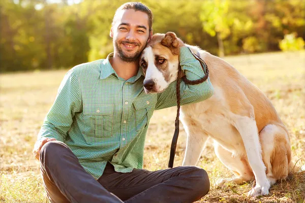 Mann und zentralasiatischer Schäferhund spazieren durch den Park. Er behält die Macht — Stockfoto