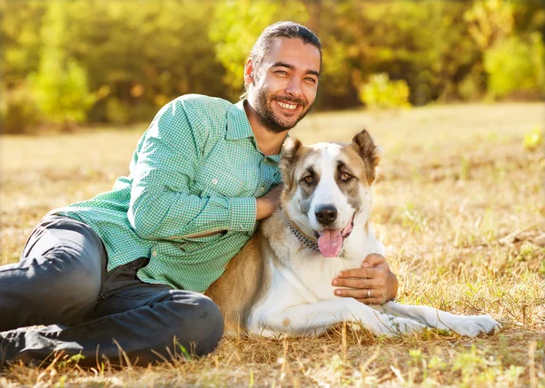 Man and central Asian shepherd walk in the park. — Stock Photo, Image