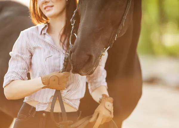 Schöne Frau und Pferd. Gegenlicht. — Stockfoto