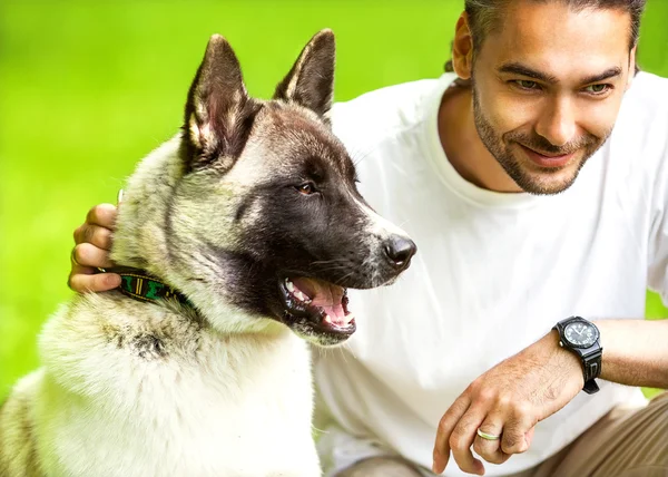 Man and Akita Inu dog  walk in the park. He keeps the dog on the — Stock Photo, Image