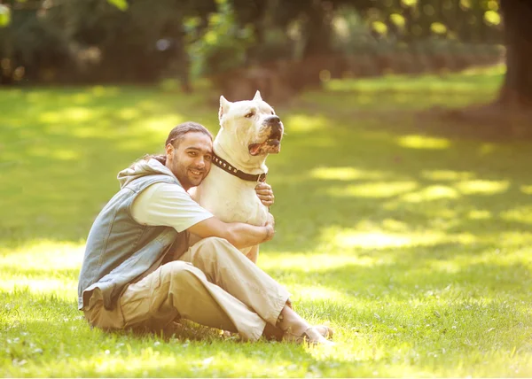 Man and Dog Argentino walk in the park. — Stock Photo, Image