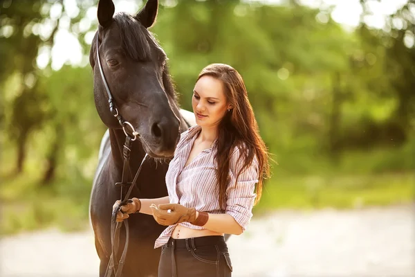 Krásná žena a kůň — Stock fotografie