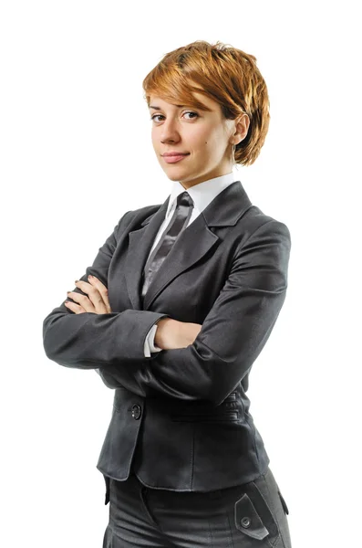 Fröhliche Geschäftsfrau auf einem weißen — Stockfoto