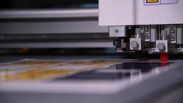 Industrial Um close-up de um plotter industrial corta um modelo em uma embalagem de papelão para produtos. profundidade de campo rasa em tempo real. Câmera ao vivo — Vídeo de Stock