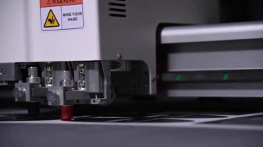 Endüstriyel bir reklam tasarımcısı ürünler için karton paketleme şablonunu kesiyor. Gerçek zamanlı olarak yüzeysel alan derinliği. Canlı kamera