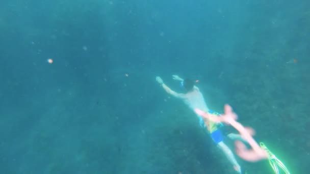 シュノーケリングマスクとフィン付きの若い白人男性は水中で自由にダイビングを泳ぐ。アクションカメラで撮影 — ストック動画