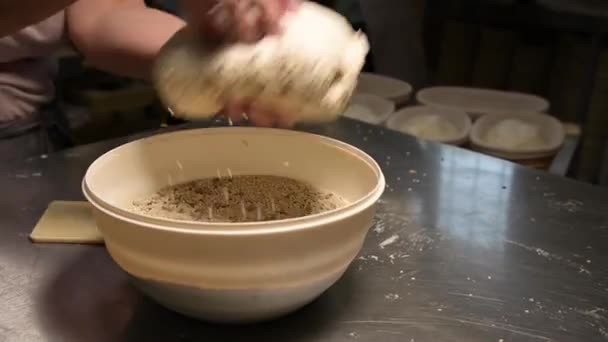 Крупный план женских рук, погружающих кусок сырого теста в миску с семенами и злаками. Готовлю тесто перед выпечкой хлеба. Пекарня в Фефте — стоковое видео