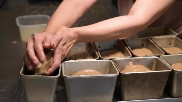 Die Frau legt den Teig in eine Brotpfanne. Brotbacken in der Handwerksbäckerei — Stockvideo