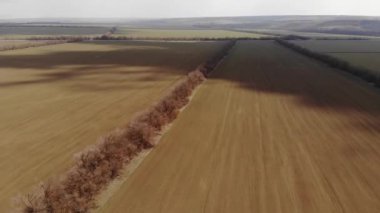 Gün batımında ilaçlayıcı, ot ilacı ve böcek ilacıyla tarımsal bir alanın havadan görüntüsü. Tarım makineleri. Doğal tarım. Mevsimsel bahar.