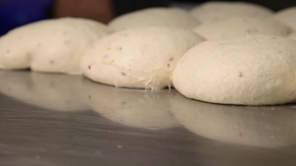 Les mains des femmes dans la production de pain artisanal mettent des blancs de pain de pâte crue sur une plaque de cuisson en métal dans le four. Production de pain hamburger — Video