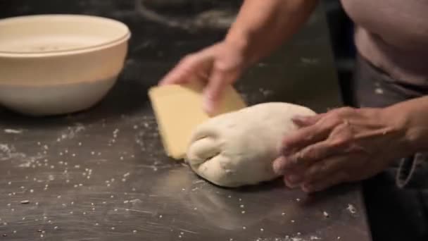 Close-up μιας αρτοποιού θηλυκά χέρια βυθίζοντας ζύμη σε ένα μπολ με σπόρους και δημητριακά πριν από το ψήσιμο χειροποίητο ψωμί σε ένα αρτοποιείο σπίτι — Αρχείο Βίντεο
