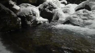 Kış nehrinde, kar ve buzla kaplı bir kayanın içinden akıntılar. Çam ormanındaki buzlu nehir. Saf kristal içme suyu