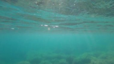 Su altı denizinin yüzeyinin altında, suyun parlak ve hareketli yüzeyinde parlayan doğal ışık ışınları, nedenseller, kabarcıklar ve köpükler var.