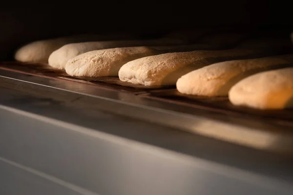 Close-up Lote de bollos frescos de pan artesanal horneado en un horno en concepto de cocina y comer —  Fotos de Stock