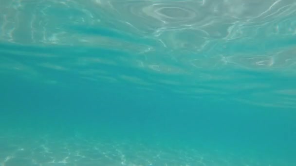 水面下では、水、腐食、泡、泡の光沢のある動きのある表面を通して自然光の光線が輝いています。 — ストック動画