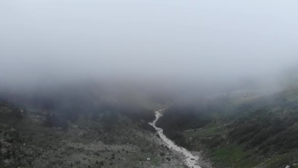 A small turbulent mountain river flows over stones in a misty gorge in cloudy weather, surrounded by lush green vegetation. Aerial view of mystical weather. — Stock Video