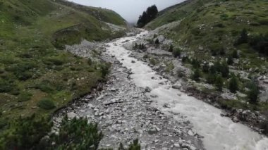 Küçük çalkantılı bir dağ nehri bulutlu bir havada taşların üzerinden akar, yemyeşil bitki örtüsüyle çevrili. Mistik havanın havadan görünüşü.