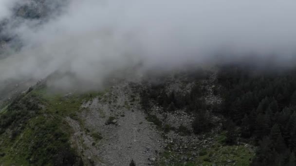 Fantastisk utsikt över de branta sluttningarna och topparna i Kaukasusbergen täckt med låga moln. Drönarflygning i skogen mellan trädtopparna. Turistmål och rutter i Kaukasus. — Stockvideo