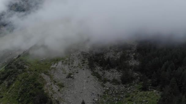 Impresionantes vistas aéreas de las empinadas laderas y picos de las montañas del Cáucaso cubiertas de nubes bajas. Vuelo con aviones no tripulados en el bosque entre las copas de los árboles. Destinos y rutas turísticas en el Cáucaso. — Vídeos de Stock