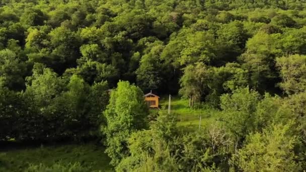Flygfoto två trähus står på en gräsmatta omgiven av en grön skog. Eko bosättning långt borta i bergen. Moderna platser för reträtt och nedflyttning — Stockvideo