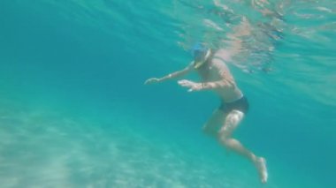 Kafkas sakallı, şnorkel takmış bir adam denizin altında sığ sularda serbest dalış yapıyor. Güneşli bir günde şnorkelle yüzmek