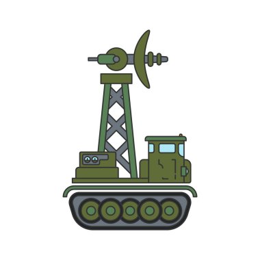 Çizgi düz renk vektör illüstrasyon ikonu piyade, ordu uçaksavar radar sistemine saldırıyor. Eski usul askeri araç. Asker teçhizatı. Zırhlı kuvvetler savaşı. Traktör tırtıl savaş birimi.