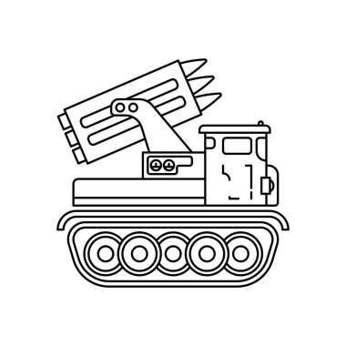 Çizgi düz vektör illüstrasyon ikonu piyade ordu uçaklarına saldırı füzesi. Askeri ağır araç. Basit bir retro tarzı. Asker teçhizatı. Zırhlı birlikler. - Silahlar. Traktör tırtıl ünitesi. Savunma.