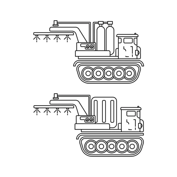 ラインベクトルイラストアイコンは 産業機械毛虫トラック肥料噴霧器を設定します シンプルなレトロスタイル 農業産業ツールの概念 パワー ハーベスティング トラクターディーゼル — ストックベクタ