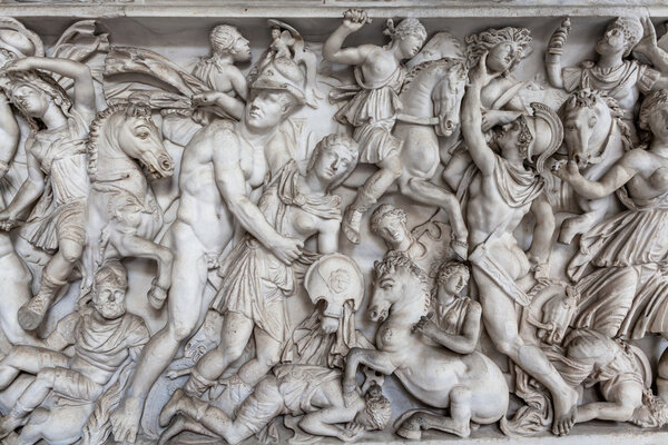 Relief sculpture of battle scene in the Vatican Museum, Rome, It