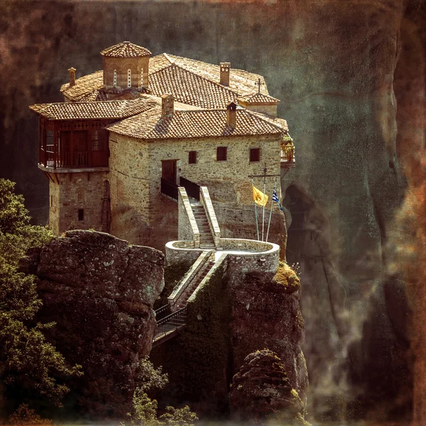 Vintage coaster - Roussanou monastery at Meteora, Greece — Stock Photo, Image