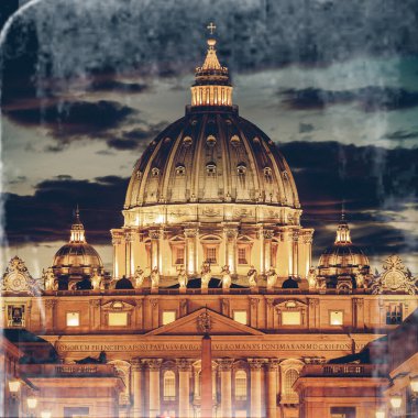 Vintage View of the Basilica church Saint Peter, at dusk - Rome clipart