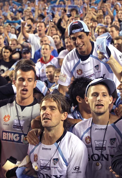 MELBOURNE - 20 DE MARZO: Los fanáticos del Sydney FC celebran su gran victoria final de la A-League sobre Melbourne Victory el 20 de marzo de 2010 en Melbourne . —  Fotos de Stock