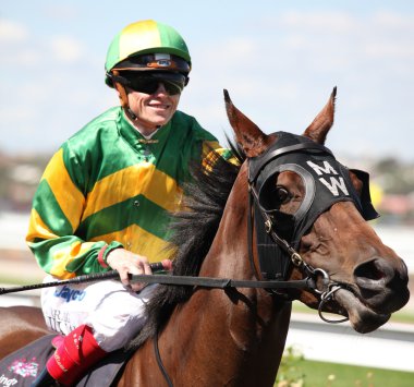 Melbourne - 13 Mart: craig jokey kazandı Ulusal jokey kutlama başlamadan önce tessie uçan üzerinde williams olumlu flemington Mart 13, 2010 - melbourne, Avustralya.
