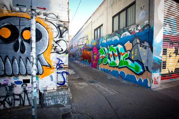 Melbourne - 29. června: Street art neznámý umělec. Plán řízení graffiti Melbourne uznává význam street artu v pulzující městské kultuře — Stock fotografie
