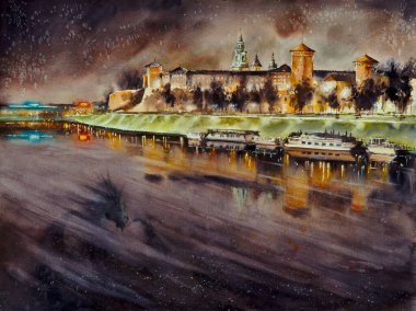 Wawel Hill 'deki Wawel Kalesi' nin Panorama 'sı ve Vistula, Krakow, Polonya' daki Wawel Dragon 'da gece boyunca yansıması var. Resim suluboya ile oluşturuldu.