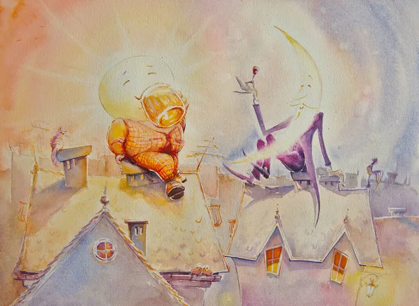 Old Friends Sun Moon Meets Cities Roofs Illustration Created Watercolors — Stock Photo, Image