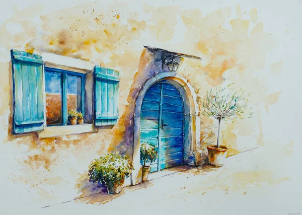 青いドアと窓のシャッター スタンジェル スロベニア 水彩で描いた絵 — ストック写真
