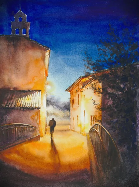 城镇里的夜街上一个男人的黑暗轮廓 用水彩画的图片 — 图库照片