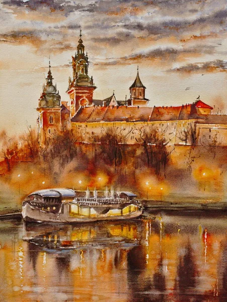 Watercolor Painting Wawel Castle Famous Landmark Krakow Poland Autumn Evening — Stock Photo, Image