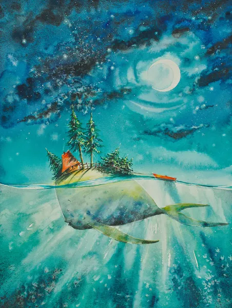 クジラの後ろに小さな家がある島 満月の空 水彩で描いた絵 — ストック写真