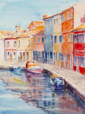 Burano 'daki renkli evler, Venedik Gölündeki ada. İtalya suluboya boya. 